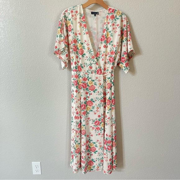 1. State Cream Wrap Midi Dress Flutter Sleeve w/ Pink Yellow Green Floral Size 8 - Picture 2 of 12